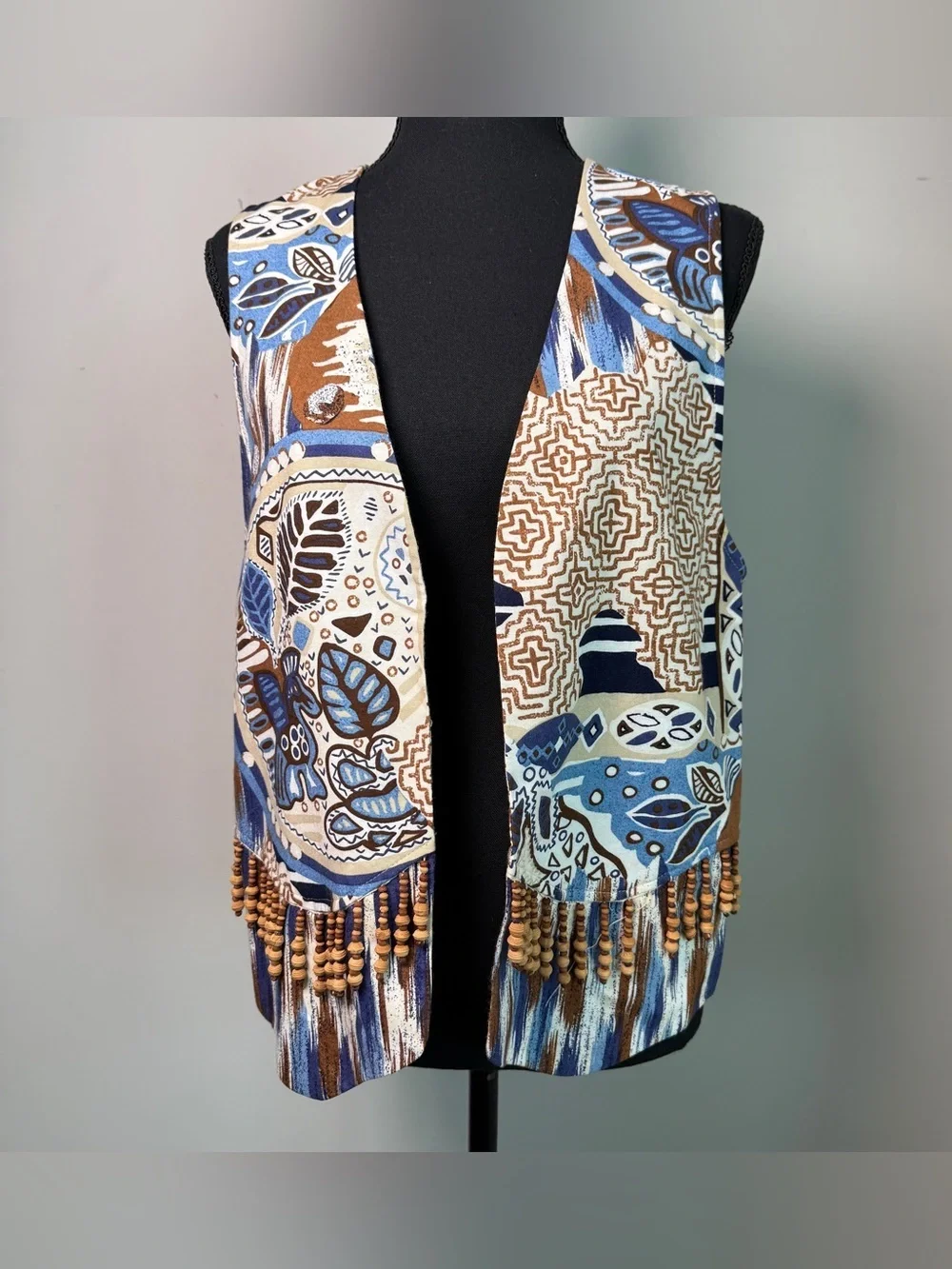 Vintage Jo Hardin Brown Patchwork Wood Bead Fringe Vest Boho Western 70s M/L